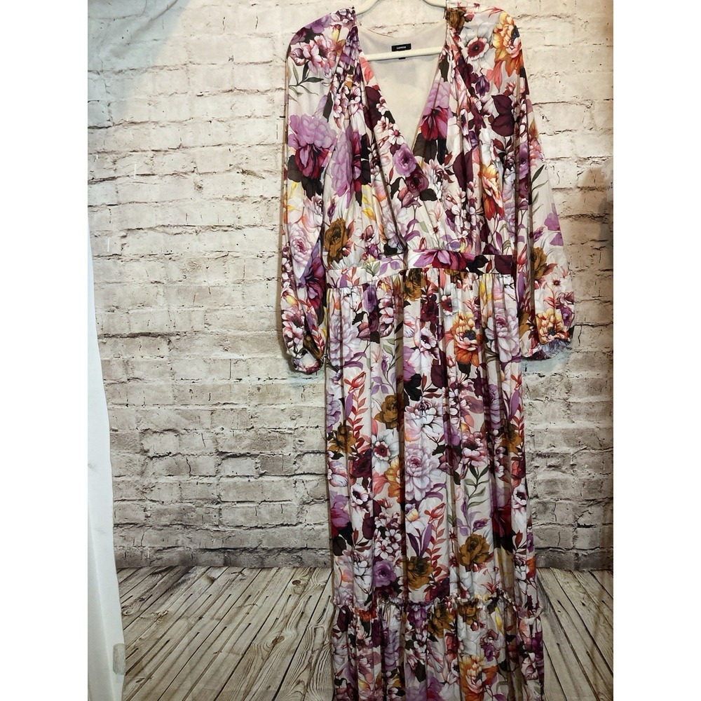 Express Maxi Dress XL Spring Florals Tiered Puff Sleeve Dark Romantic Satin